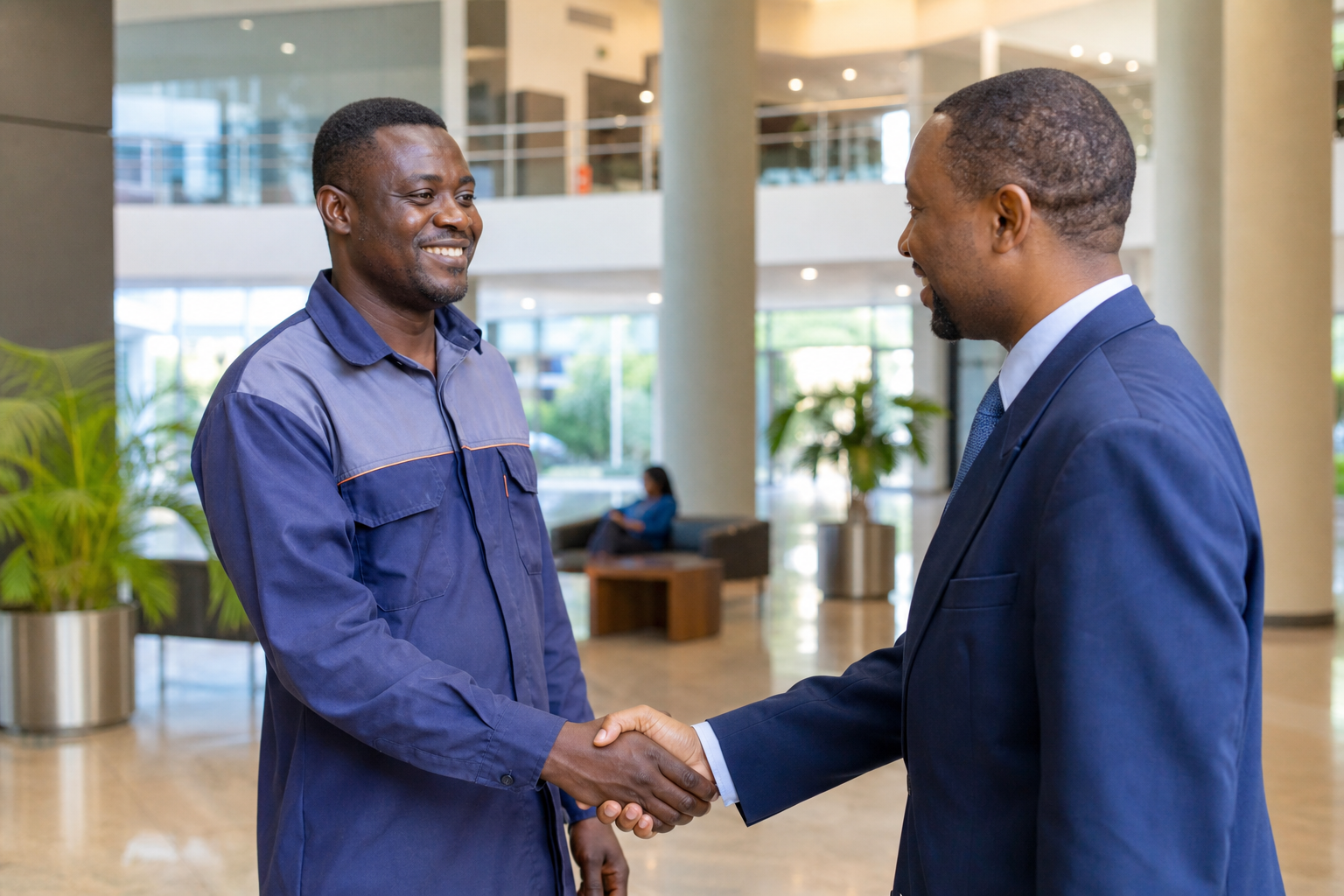 Avaris facility manager meeting a client in a modern office building in Ghana
